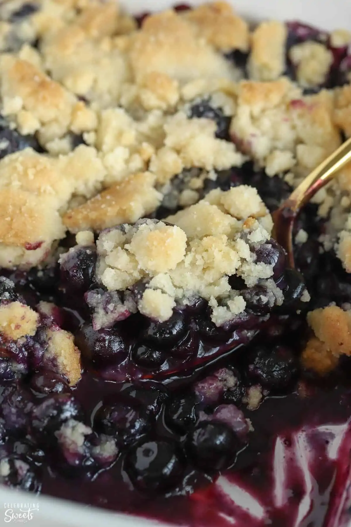 Blueberry cobbler in a white baking dish with a gold spoon.