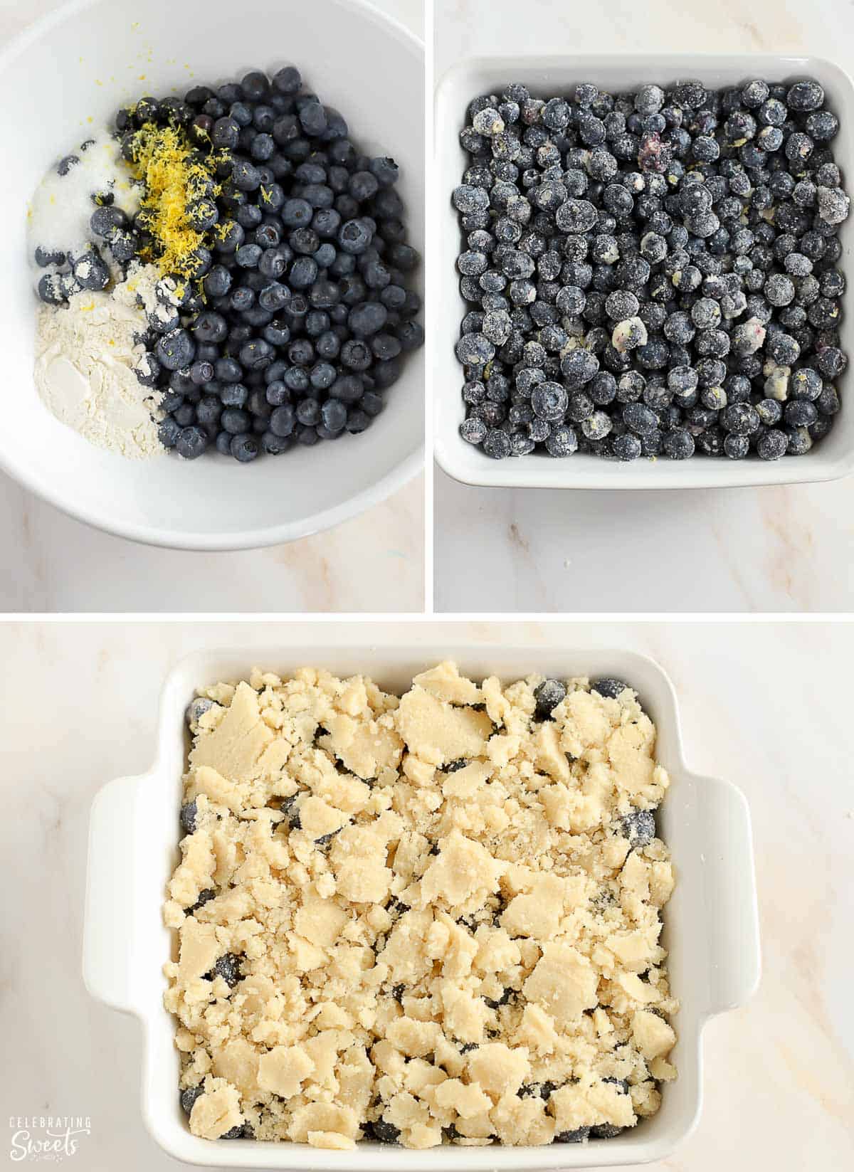 Making blueberry cobbler collage: blueberries with flour, sugar, and lemon zest in a large bowl. Uncooked blueberry cobbler in a white square baking dish.