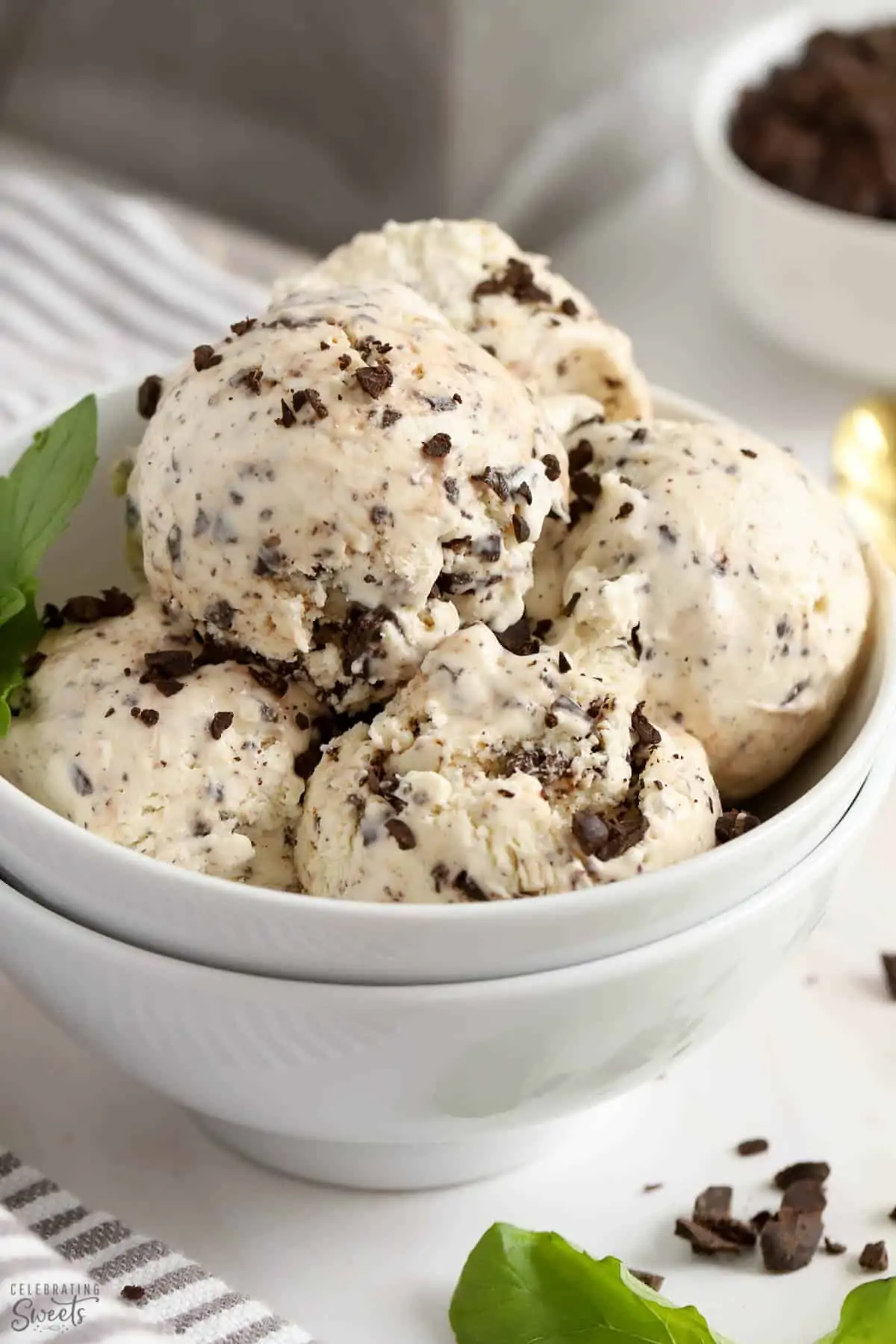 Scoops of mint chip ice cream in a white bowl garnished with fresh mint.