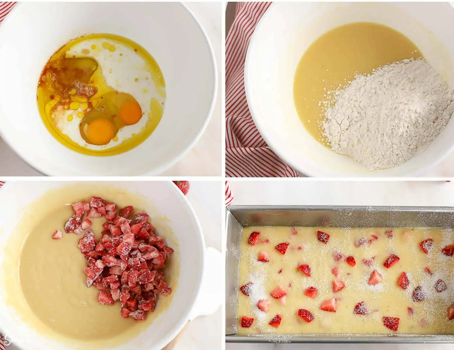 Batter for strawberry bread in a large white bowl and in a metal loaf pan.