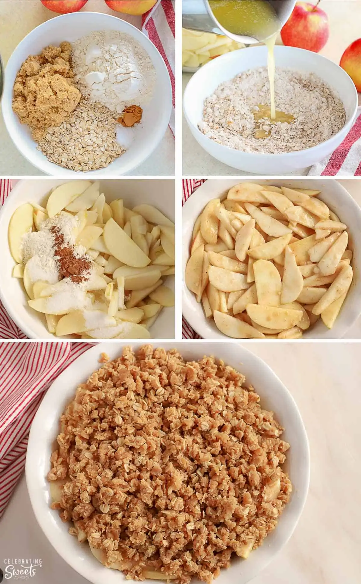 Step by step photos of how to make an apple pear crisp.