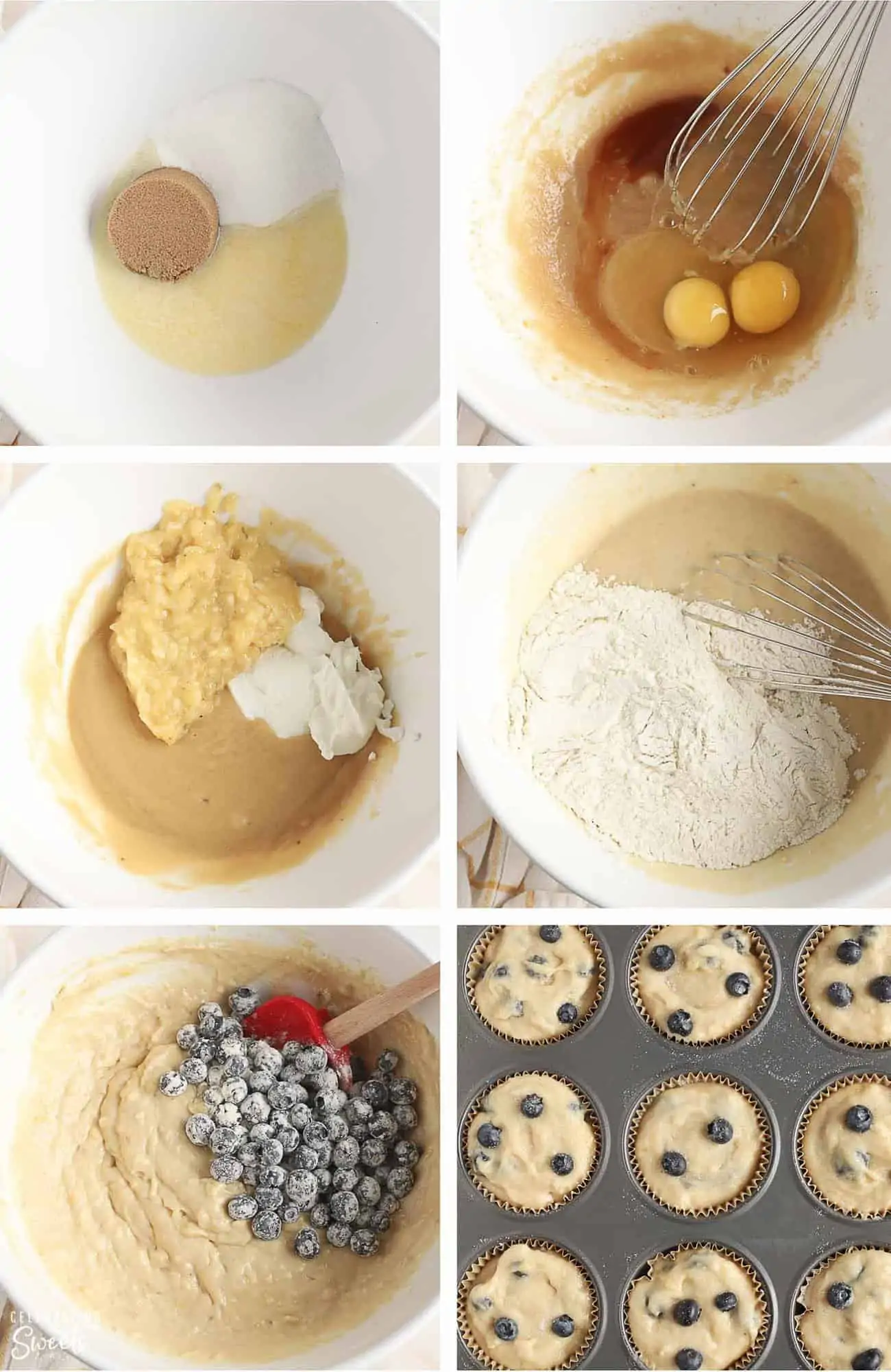 How to make blueberry banana muffins: muffin batter in a bowl and in a muffin tin.