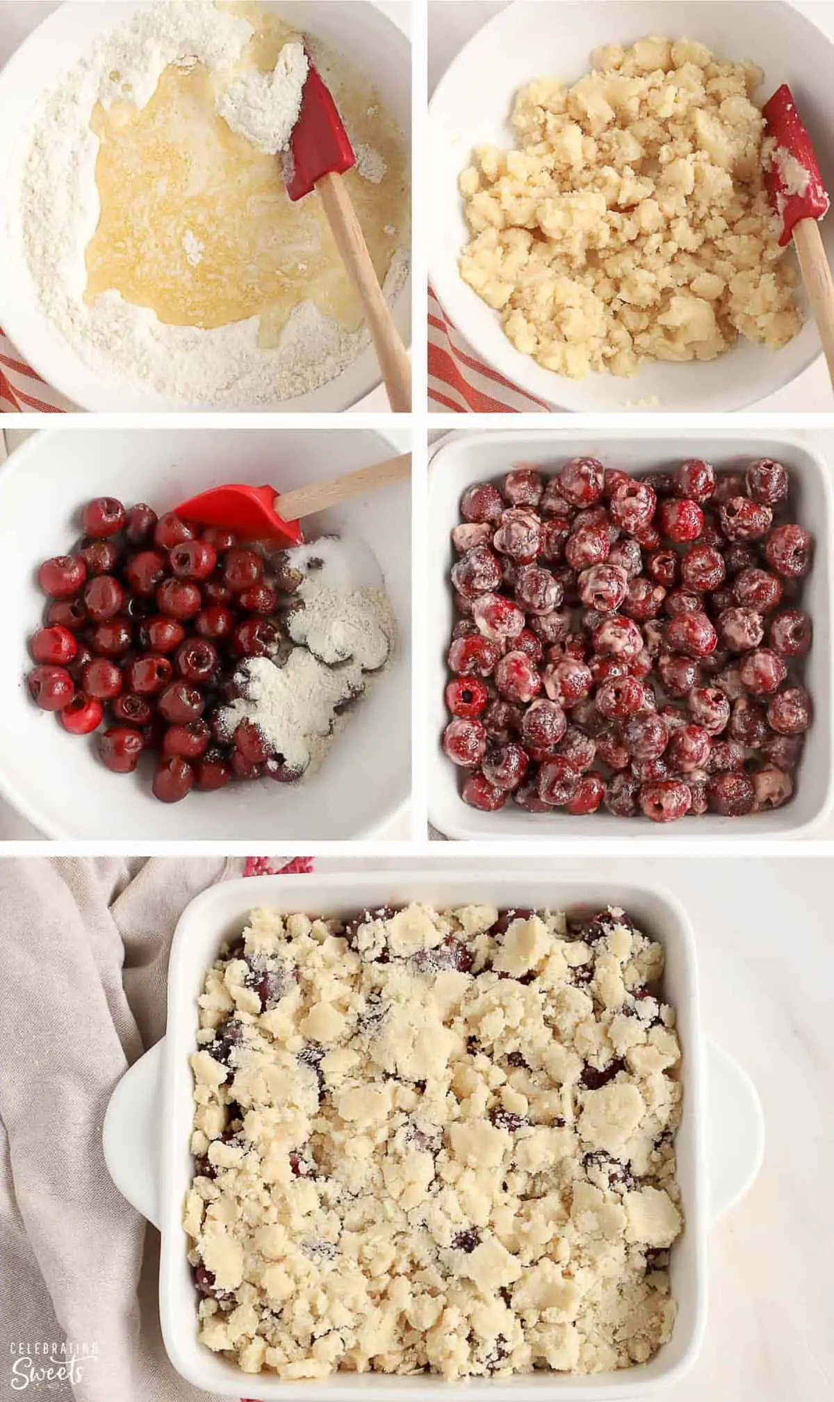 Cherry cobbler step by step recipe photo collage: cobbler topping in a bowl, cherry filling in a bowl, uncooked cobbler in a baking dish.