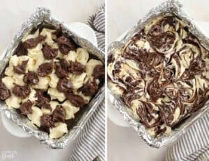 Swirls of cream cheese and brownie batter in a foil-lined baking pan.