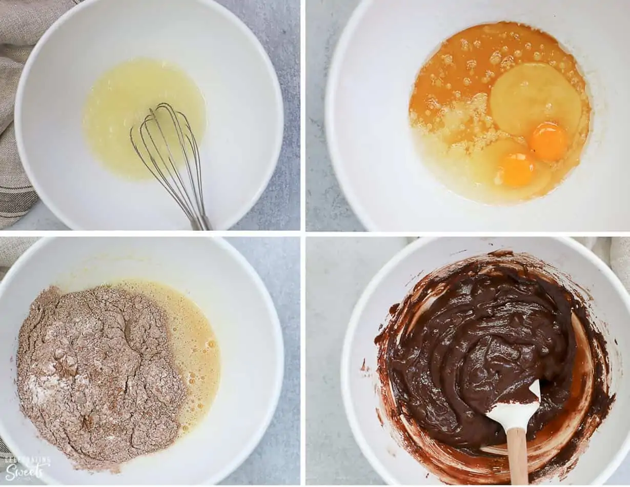 Step by step collage of how to make brownies. Brownie batter in a white bowl.