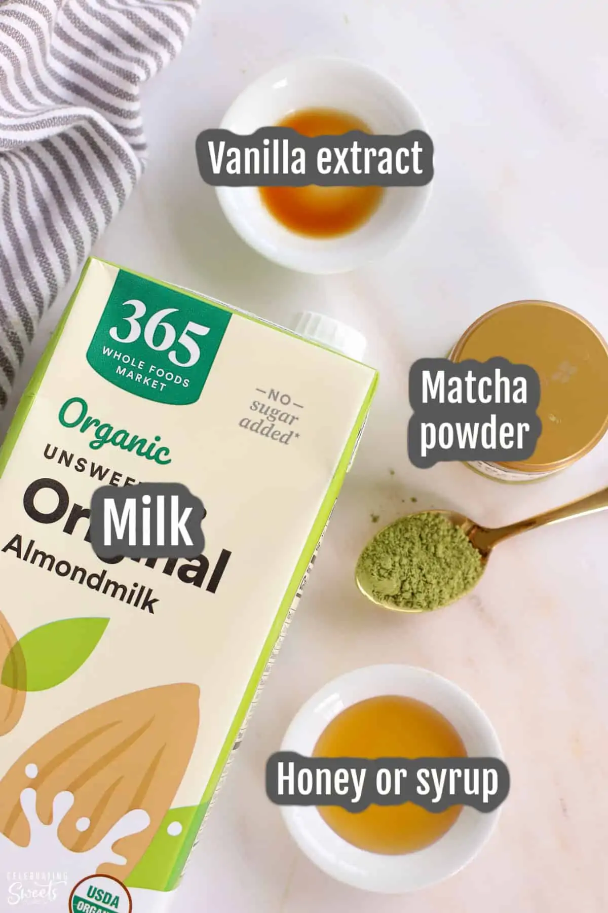 Ingredients for an Iced Matcha Latte: almond milk, honey, matcha, vanilla