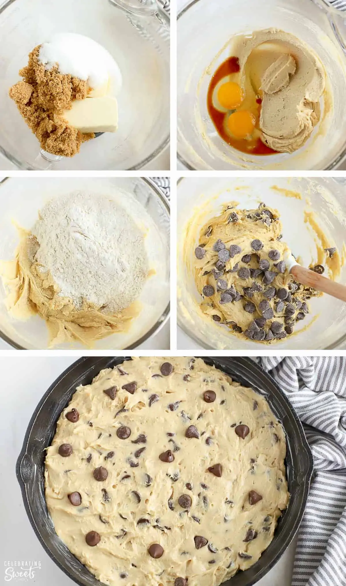 Skillet cookie dough in a large bowl and pressed into a cast iron skillet.