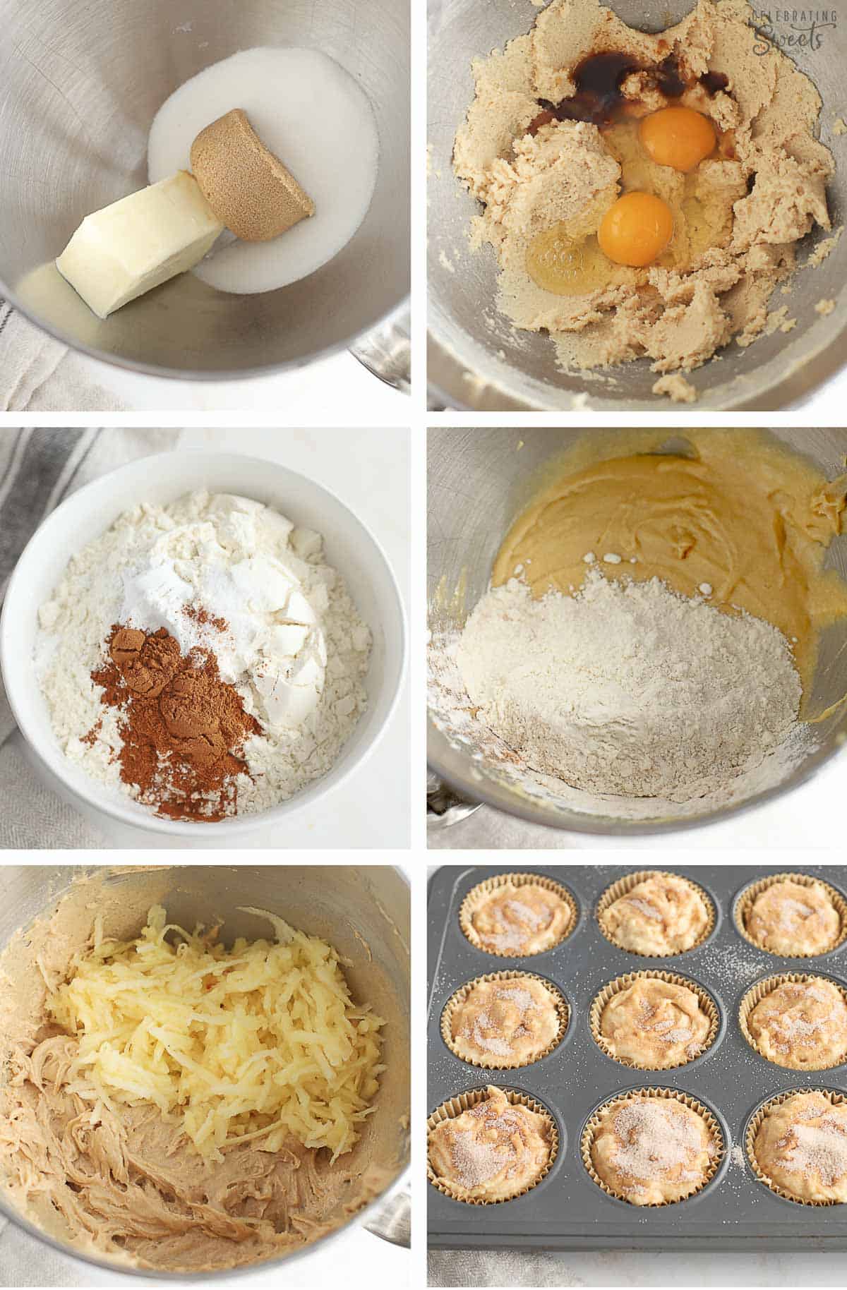 Collage of how to make apple cinnamon muffins - muffin batter in bowls and in a muffin tin.