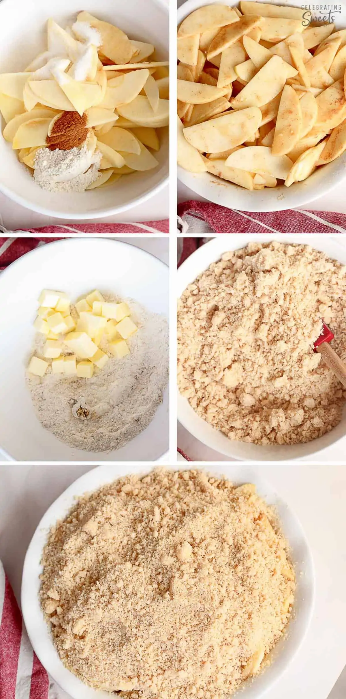 Collage how to make apple crumble: apples in a bowl, crumb topping in a bowl, apple crumble assembled in baking dish.