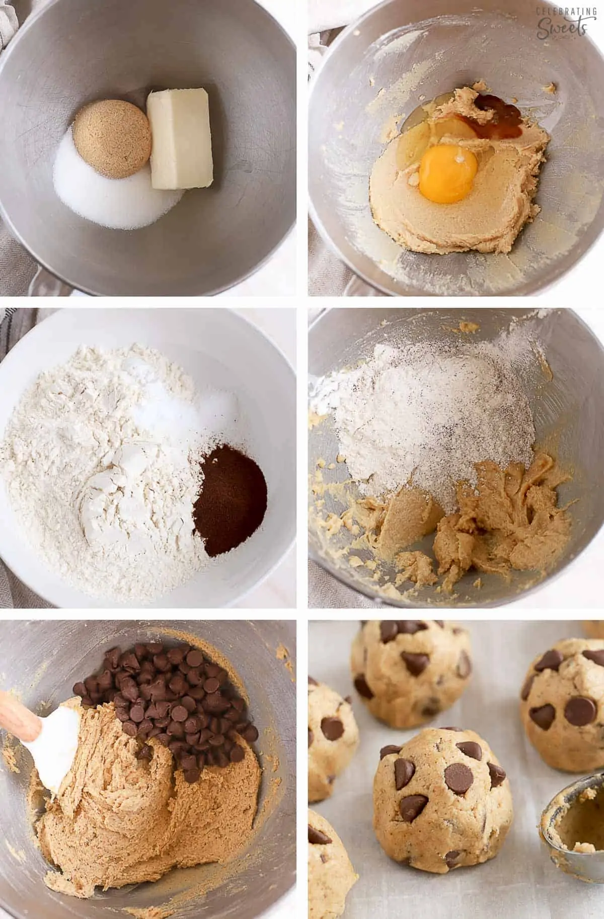 Collage of espresso chocolate chip cookie dough in a metal bowl and scooped onto a baking sheet.