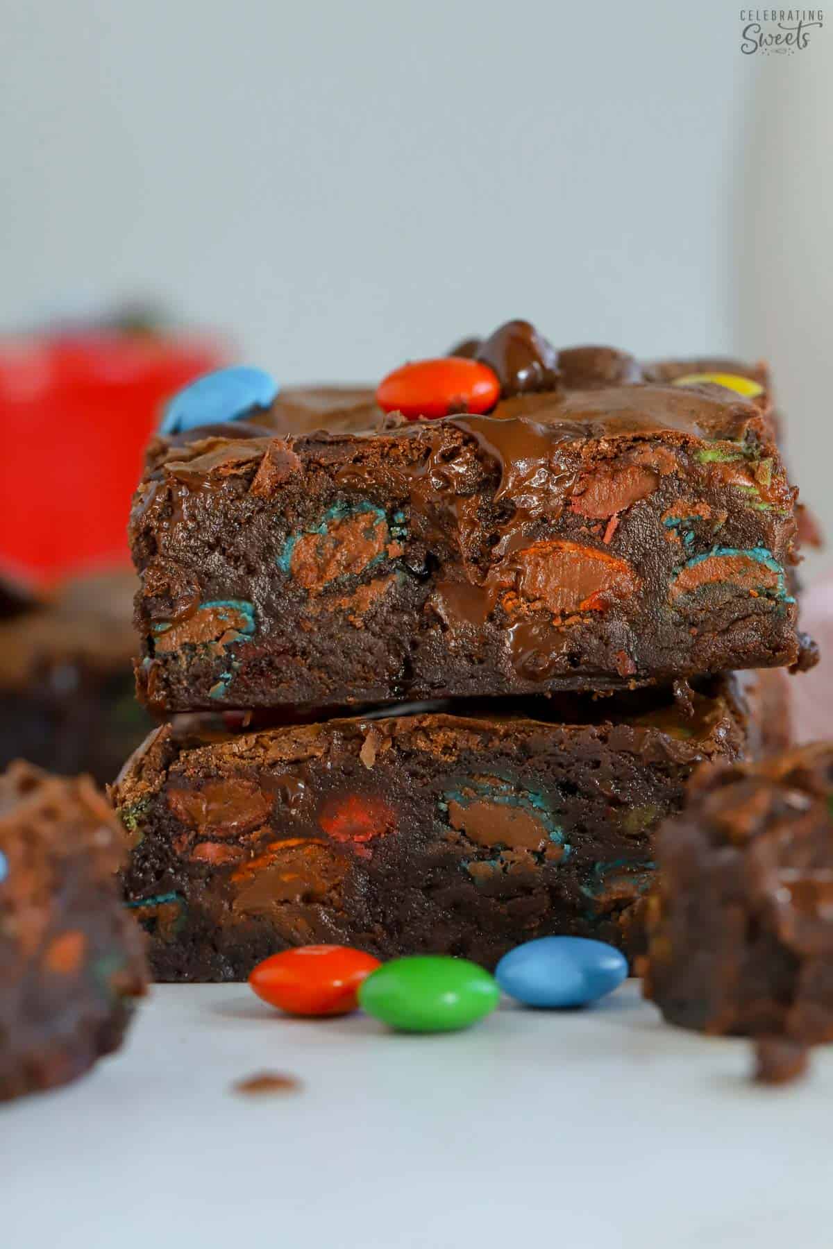 Stack of two M&M Brownies.
