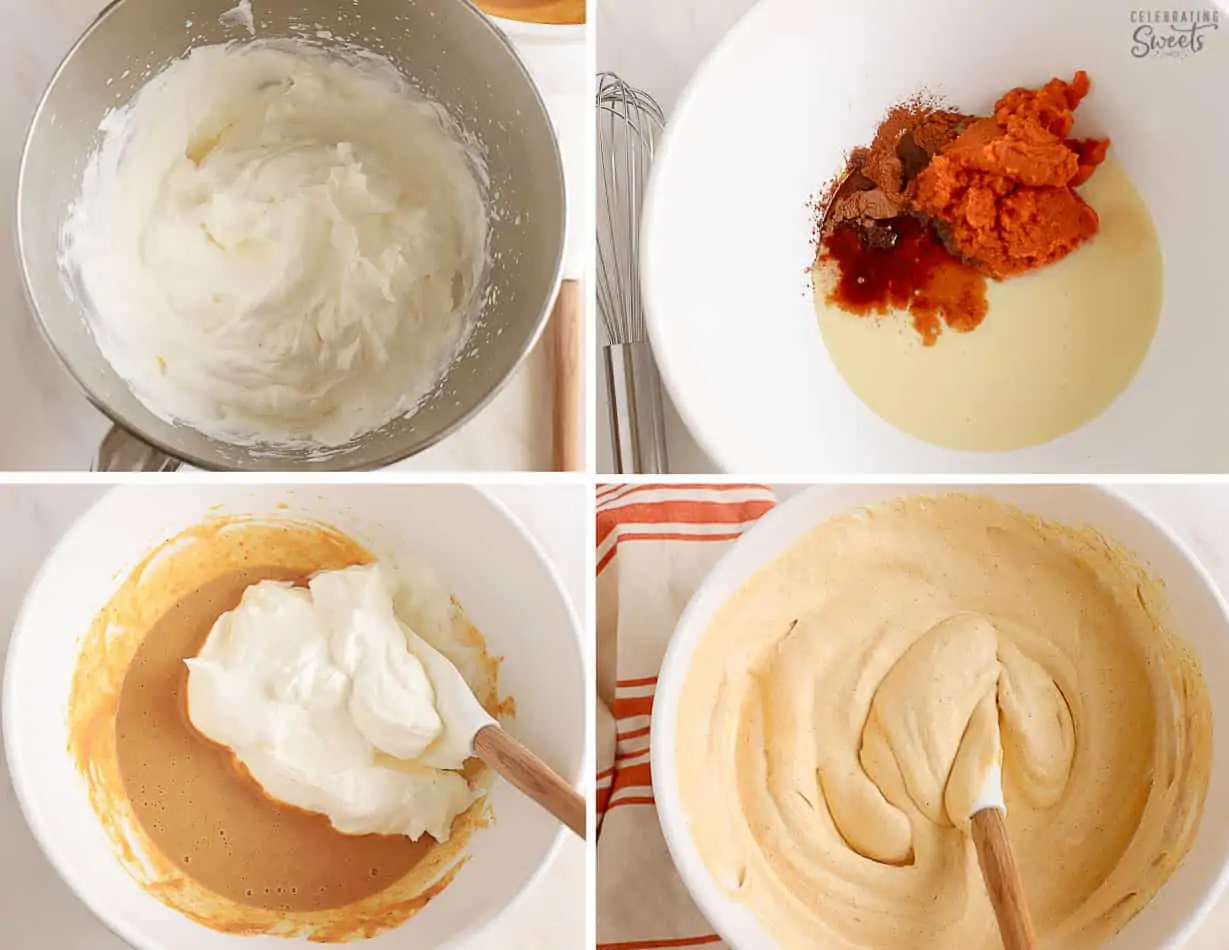Step by step how to make pumpkin ice cream - pumpkin ice cream base in a large white bowl.