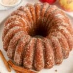 Apple Cider Donut Cake covered in cinnamon sugar on a round white plate.