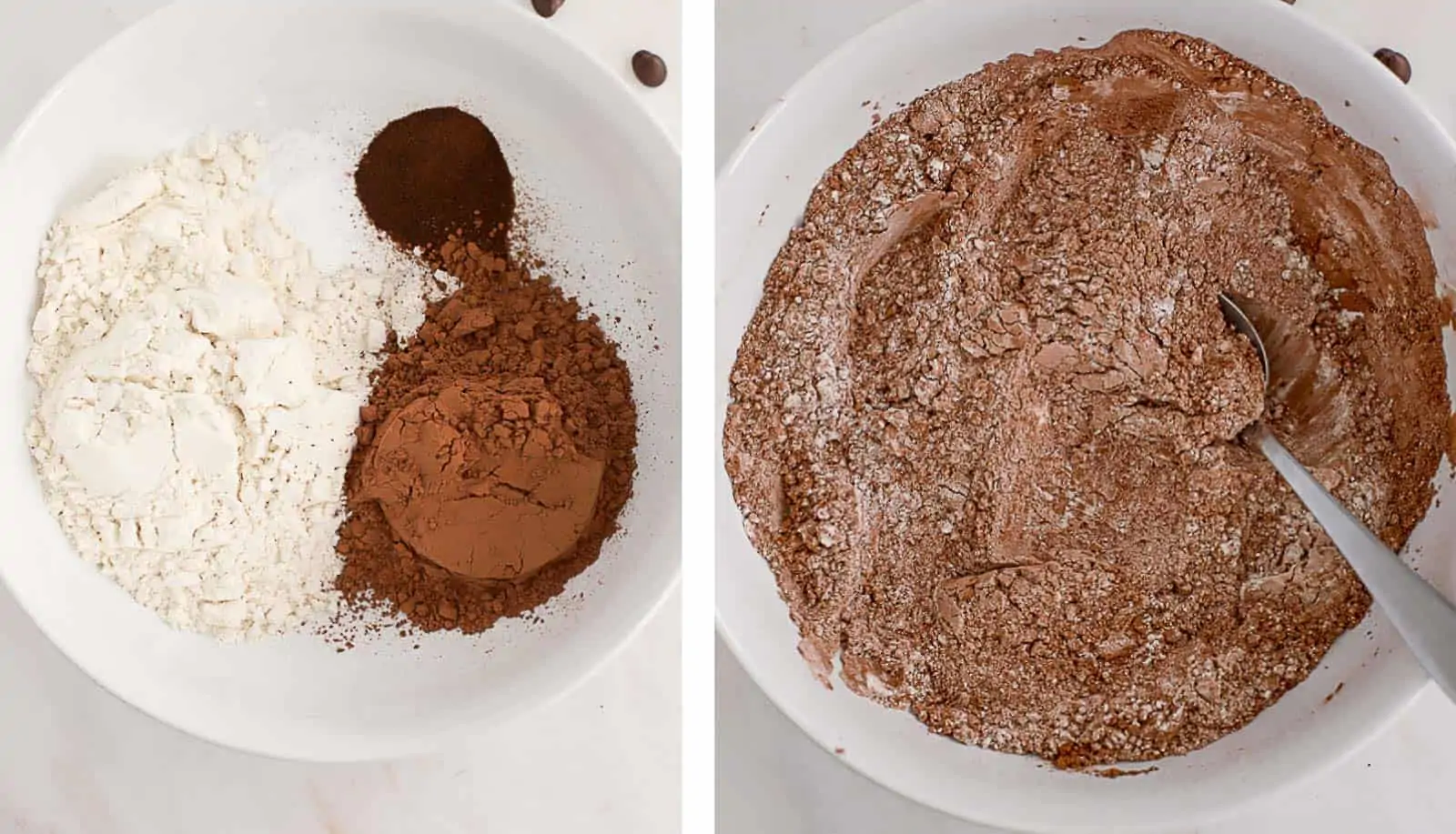 Flour, cocoa powder, espresso powder in a large white bowl.