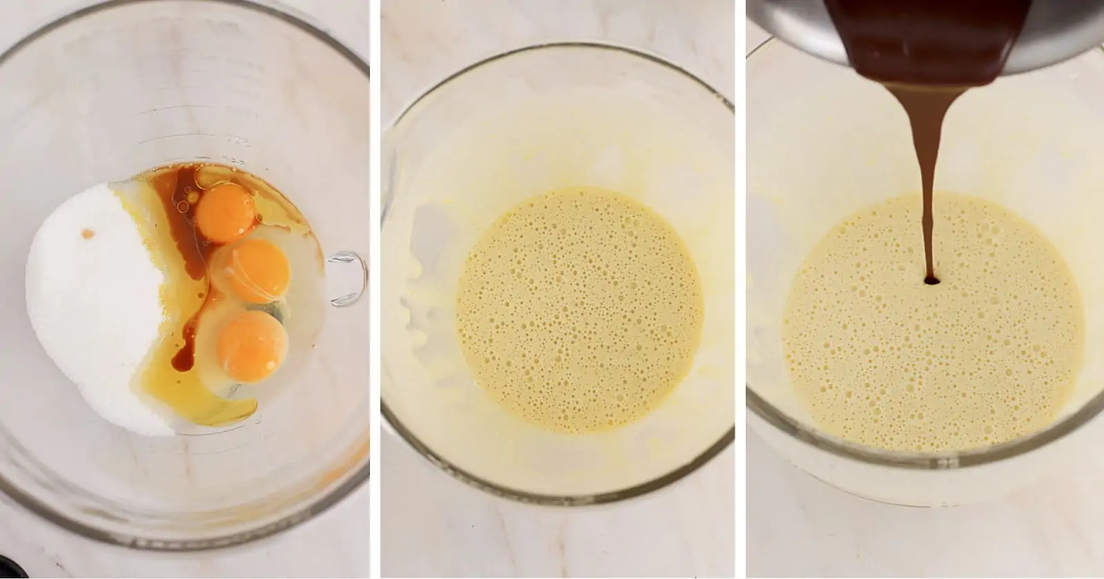 Eggs, sugar, vanilla in a glass bowl.