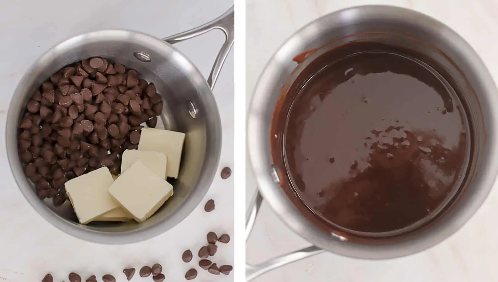 Chocolate chips and butter melted in a small saucepan.