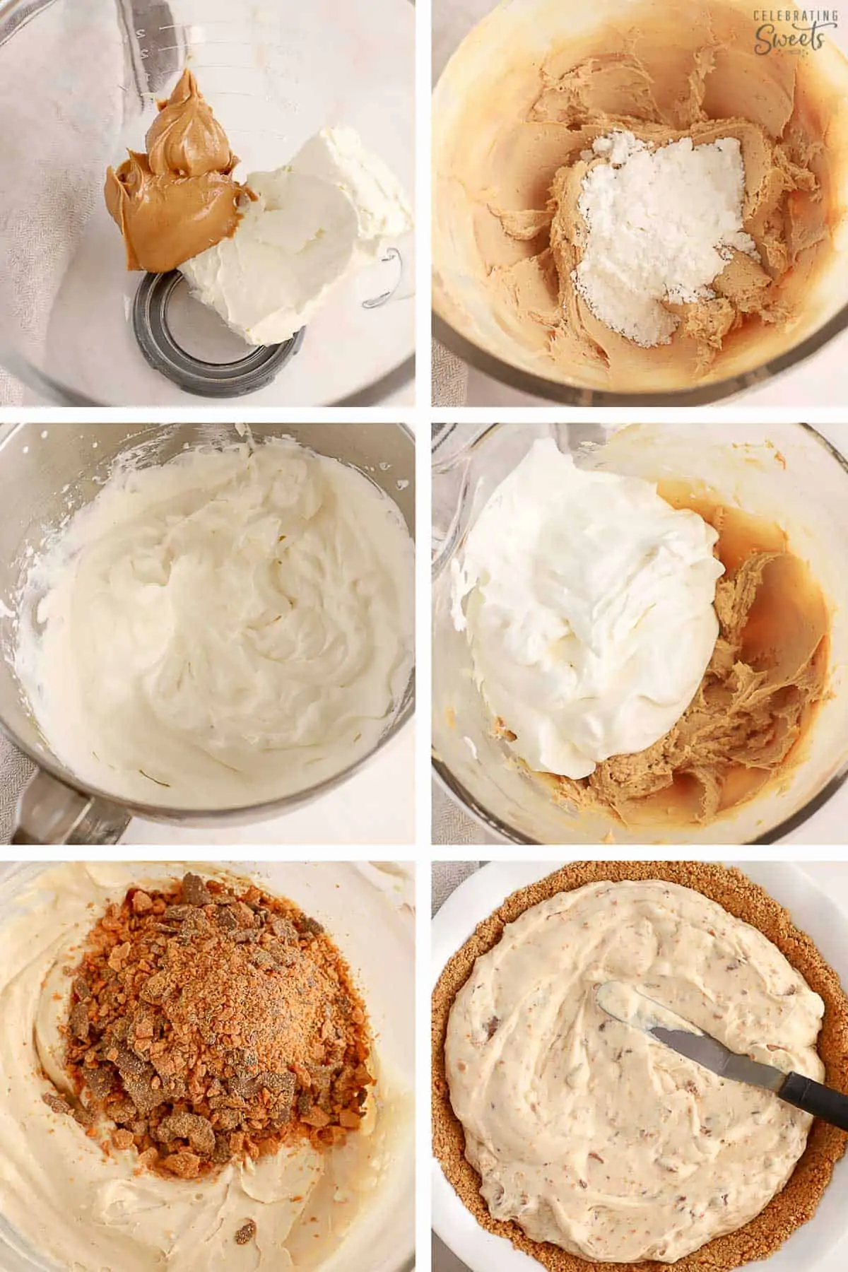 Collage how to make Butterfinger pie: creamy pie filling in a large bowl and being spread into a pie crust.