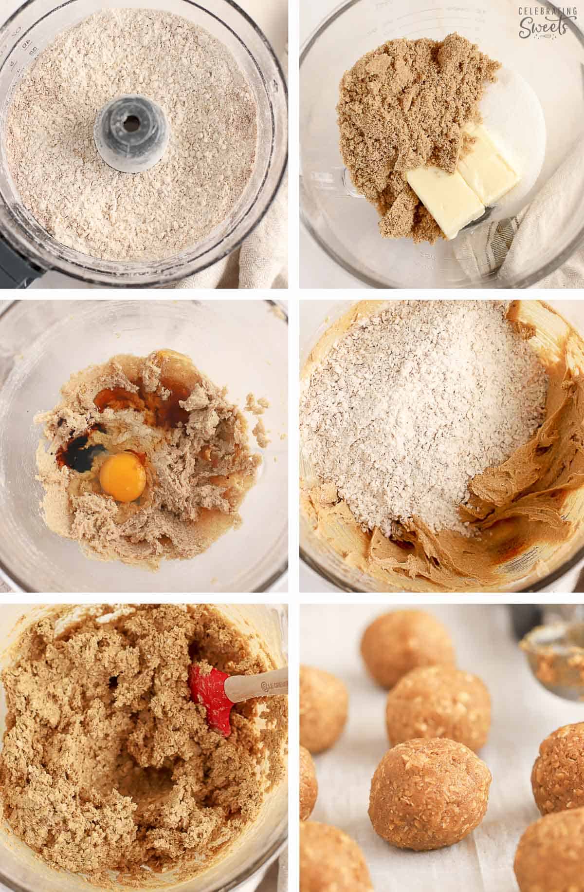 Collage of oatmeal cookie dough in a large glass bowl and oatmeal cookie dough balls on a baking sheet.