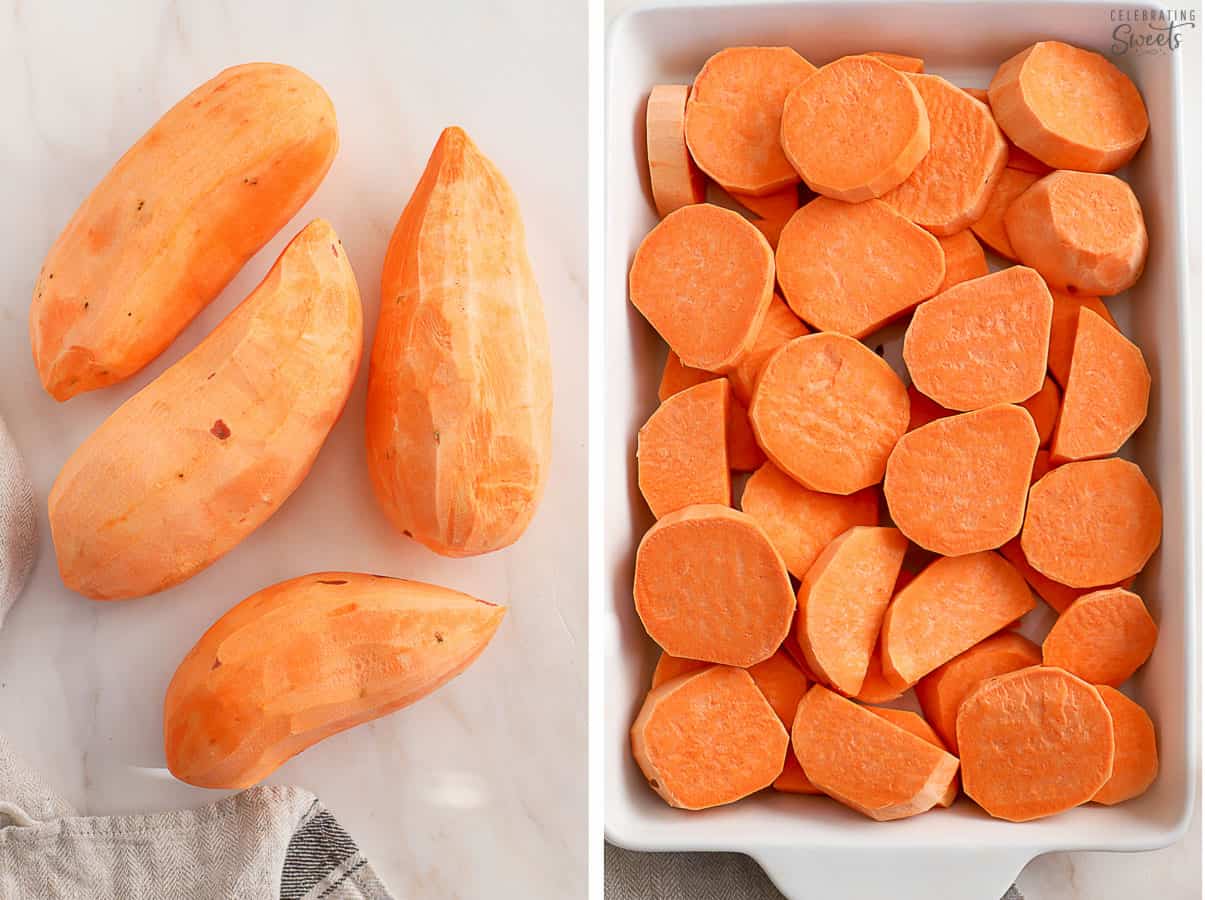 Peeled and chopped sweet potatoes in a white baking dish.