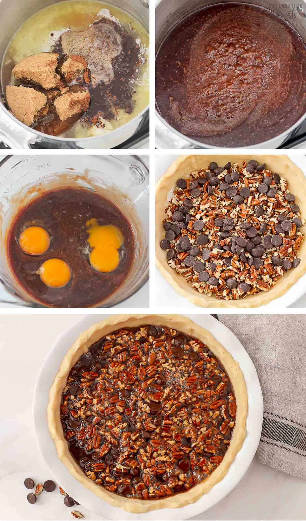 Collage how to make chocolate pecan pie. Brown sugar, butter, syrup in a saucepan with eggs. Filling in crust with chocolate chips and pecans.