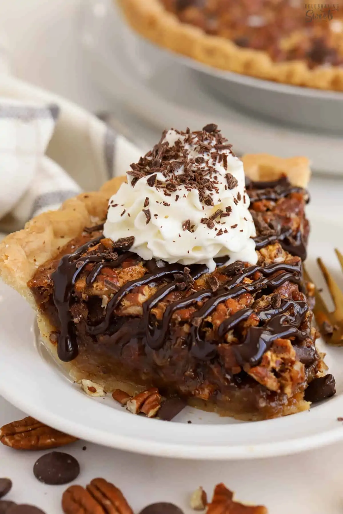Slice of chocolate pecan pie on a white plate topped with whipped cream and chocolate sauce.