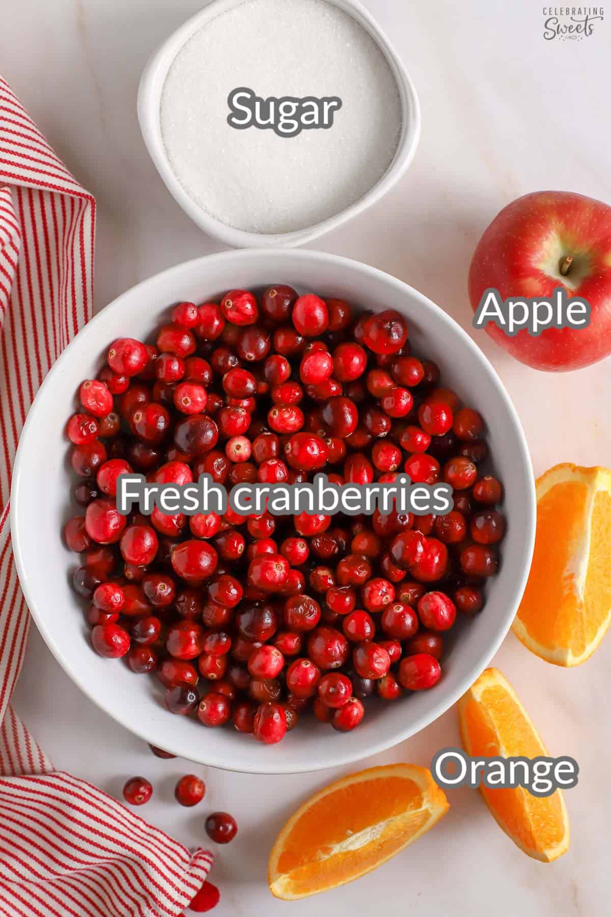 Ingredients for cranberry orange relish: cranberries, orange, apple, sugar.