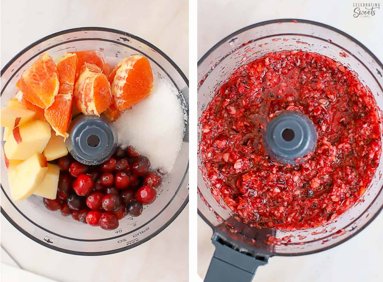 Oranges, apples, cranberries, and sugar in a food processor.