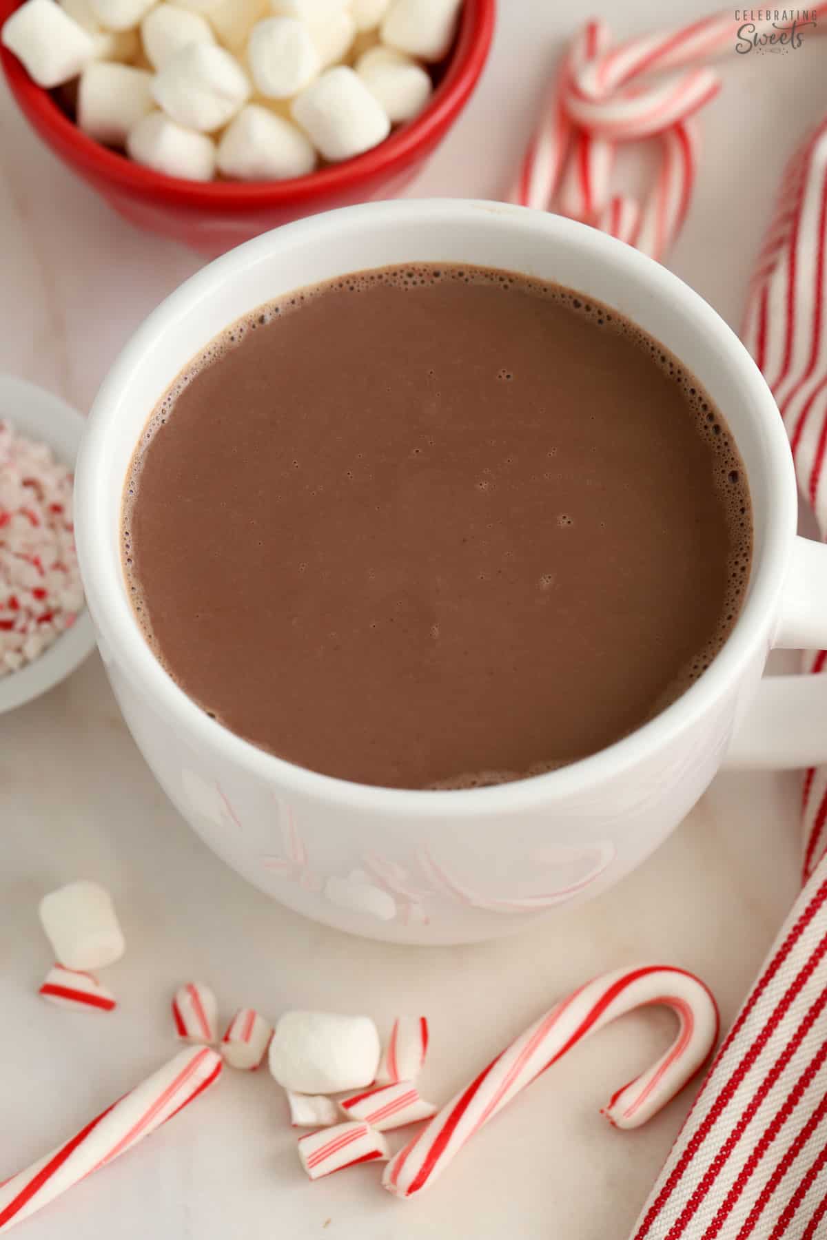 Peppermint hot chocolate in a white mug.