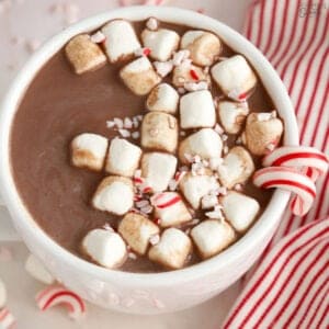 Peppermint hot chocolate in a white mug