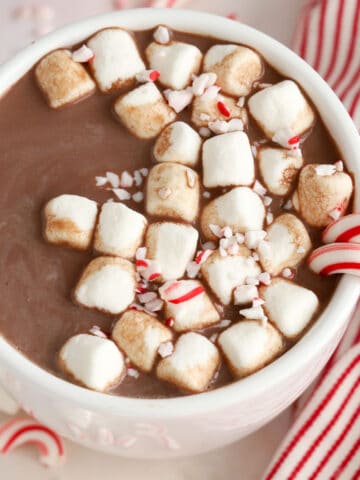 Peppermint hot chocolate in a white mug