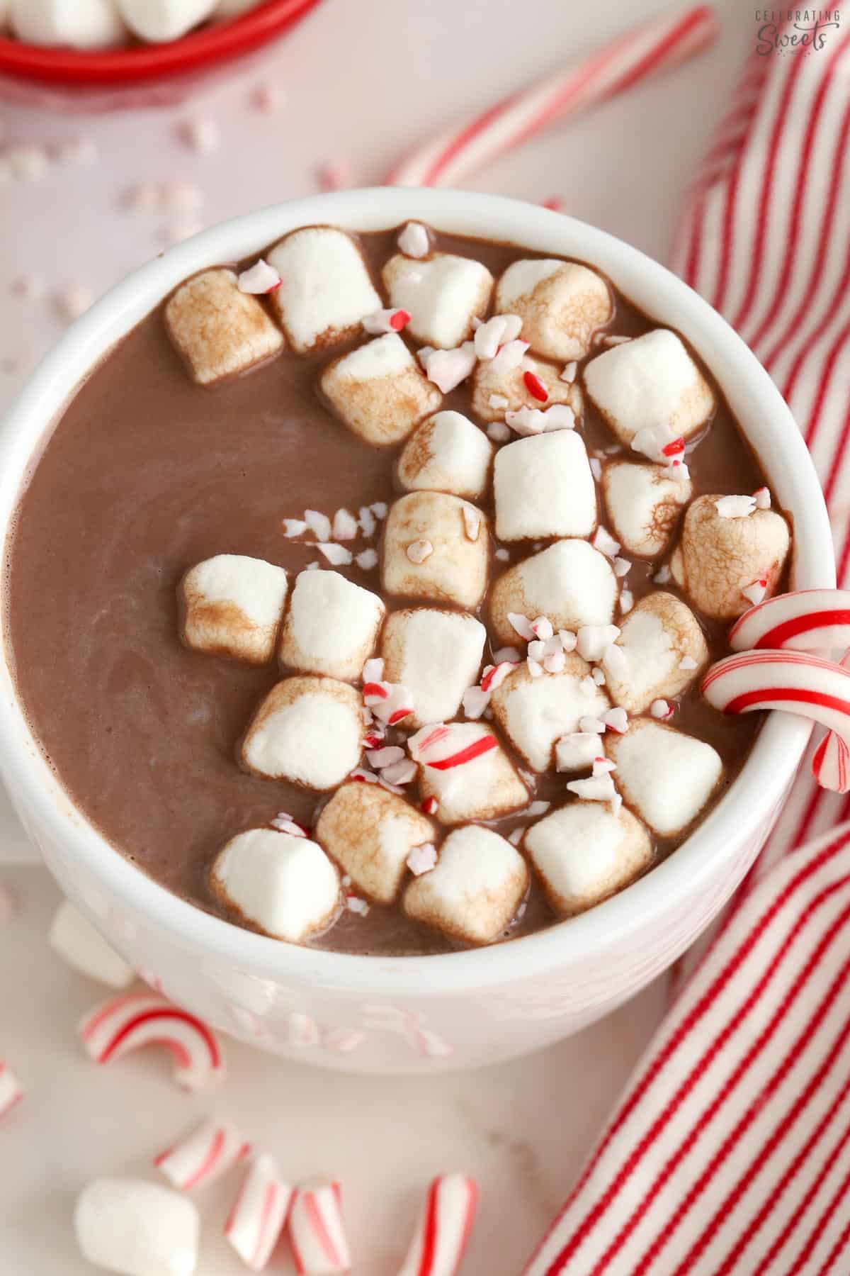 Peppermint hot chocolate in a white mug