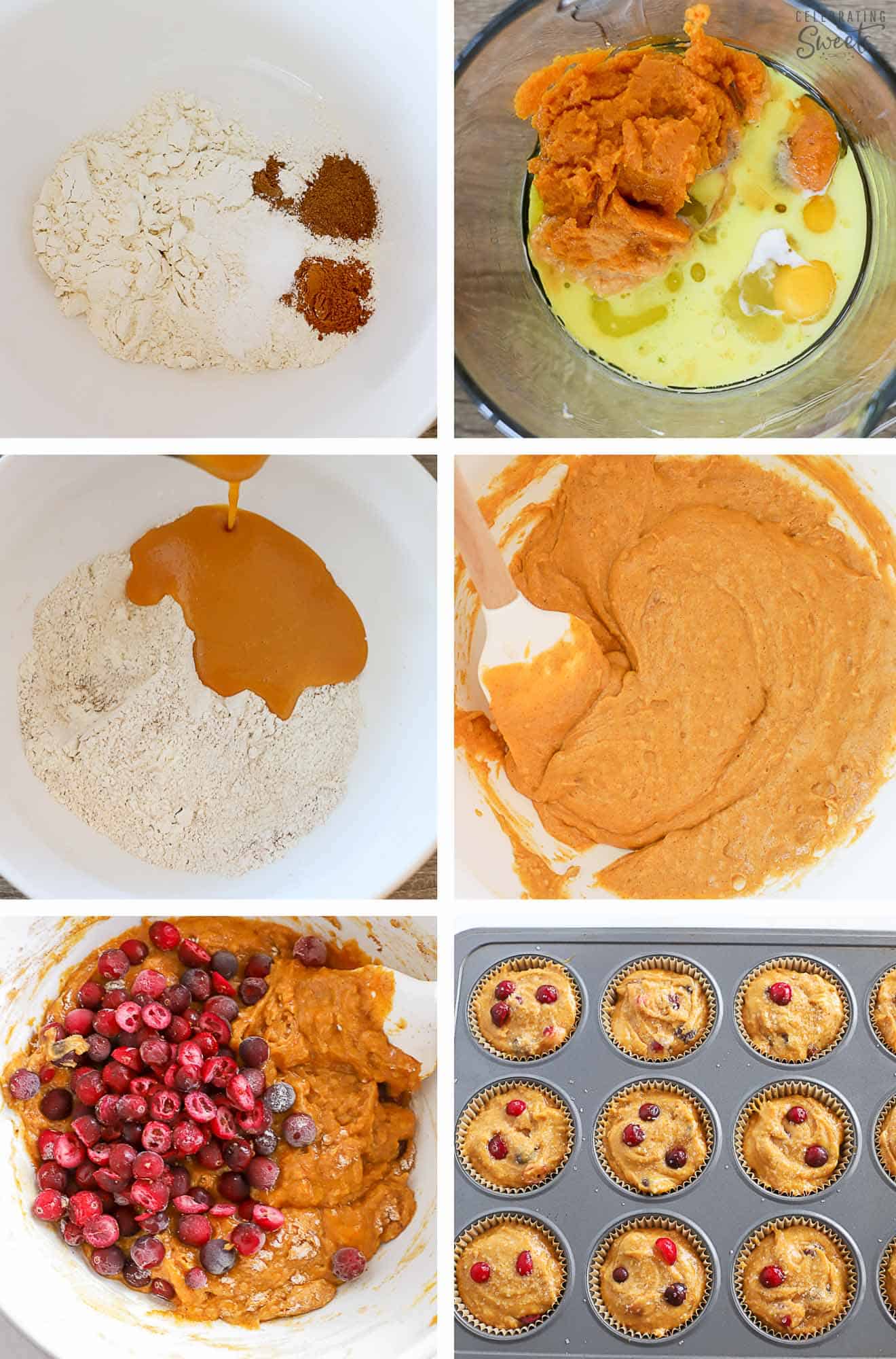 Pumpkin muffin batter in a white bowl and in a muffin tin.