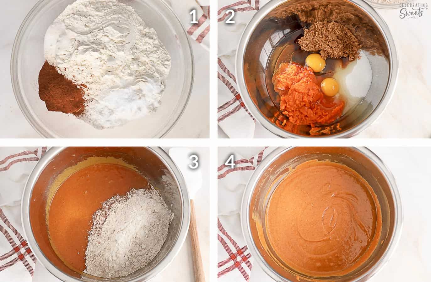 Step by step collage how to make pumpkin cupcakes: orange cupcake batter in a metal bowl.