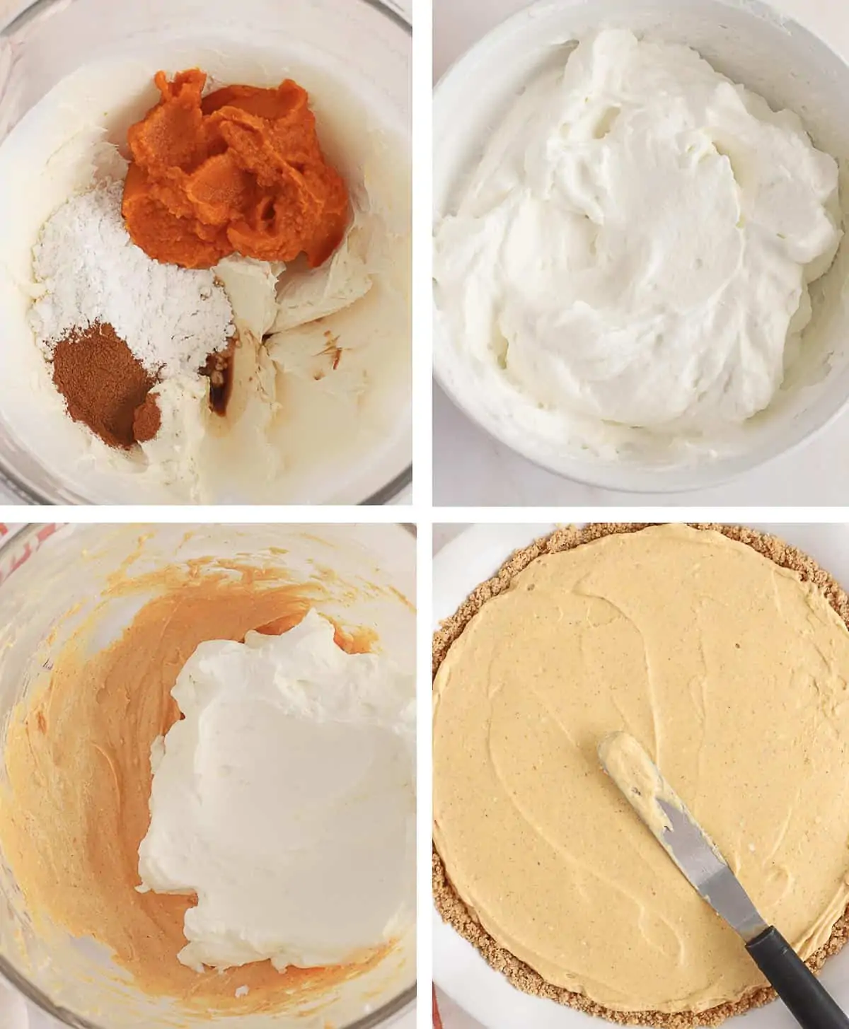 Step by step collage how to make pumpkin pie cheesecake. Pie filling in a bowl and in a graham cracker crust.