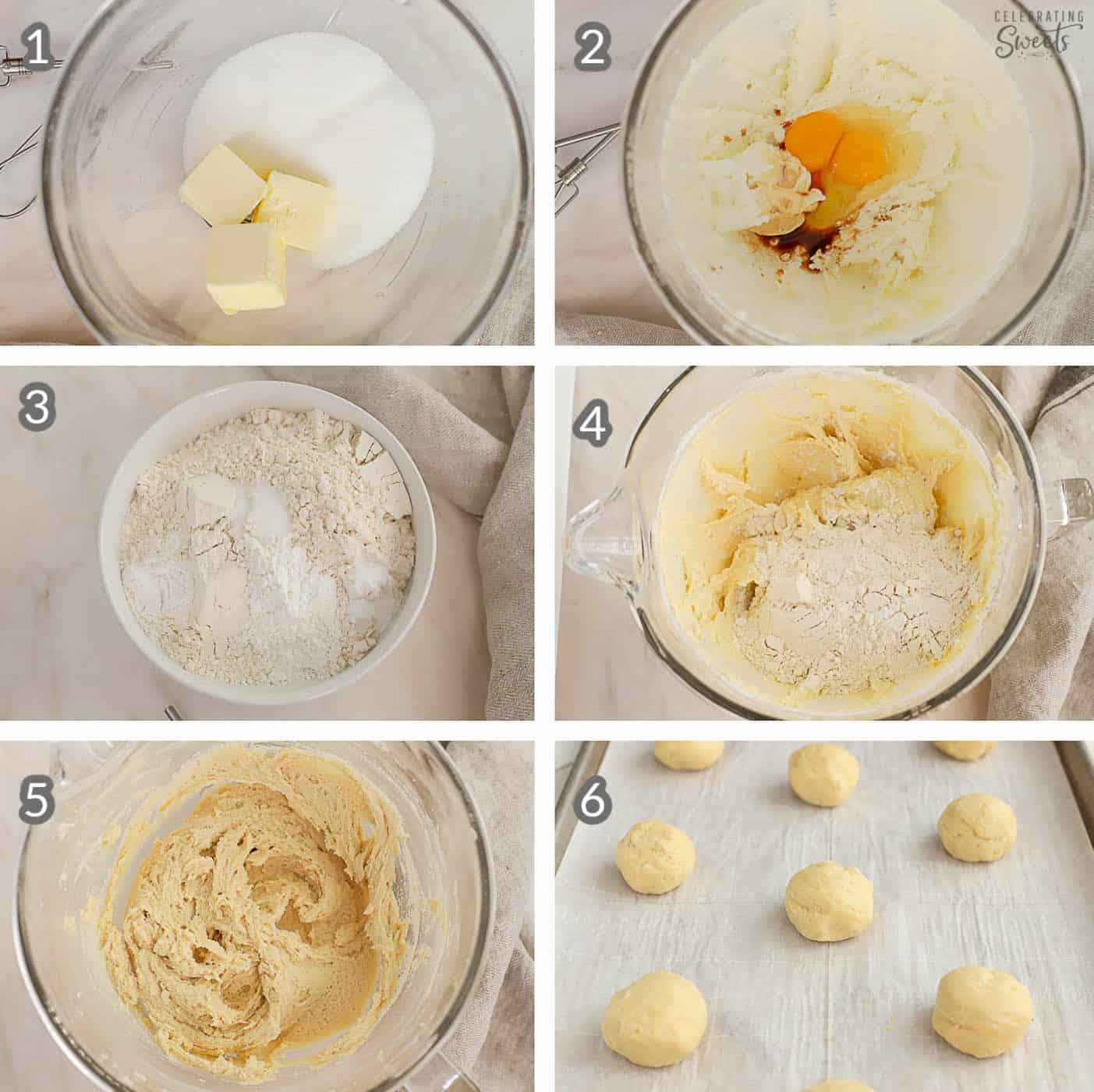 Collage of how to make sugar cookies (dough in a glass bowl and rolled in balls on a baking sheet).