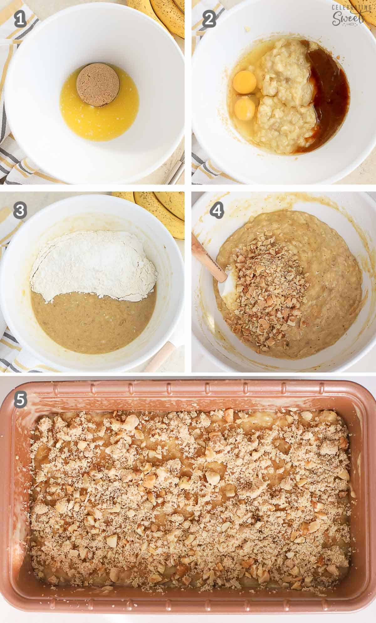 How to make banana nut bread collage. Batter in a white bowl and in a loaf pan.