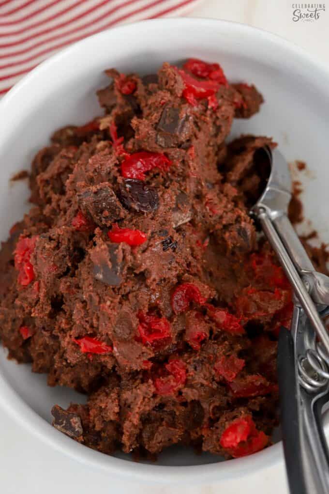 Chocolate cookie dough filled with cherries and chocolate chunks.