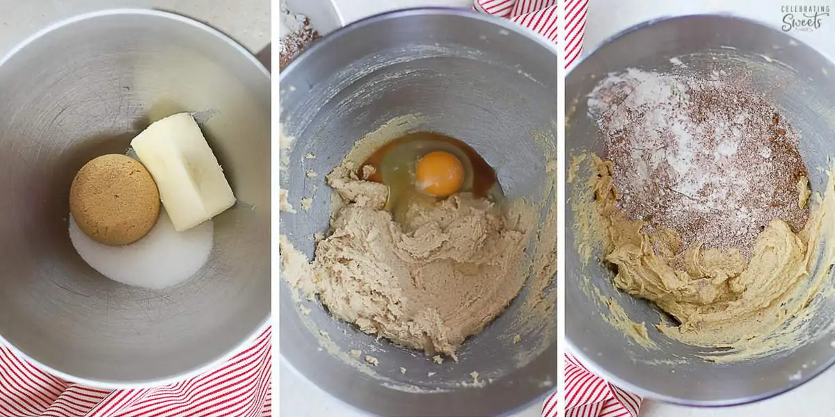 Collage showing the steps of making cookie dough in a large stainless bowl.