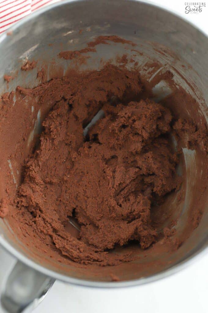 Chocolate cookie dough in a mixing bowl.