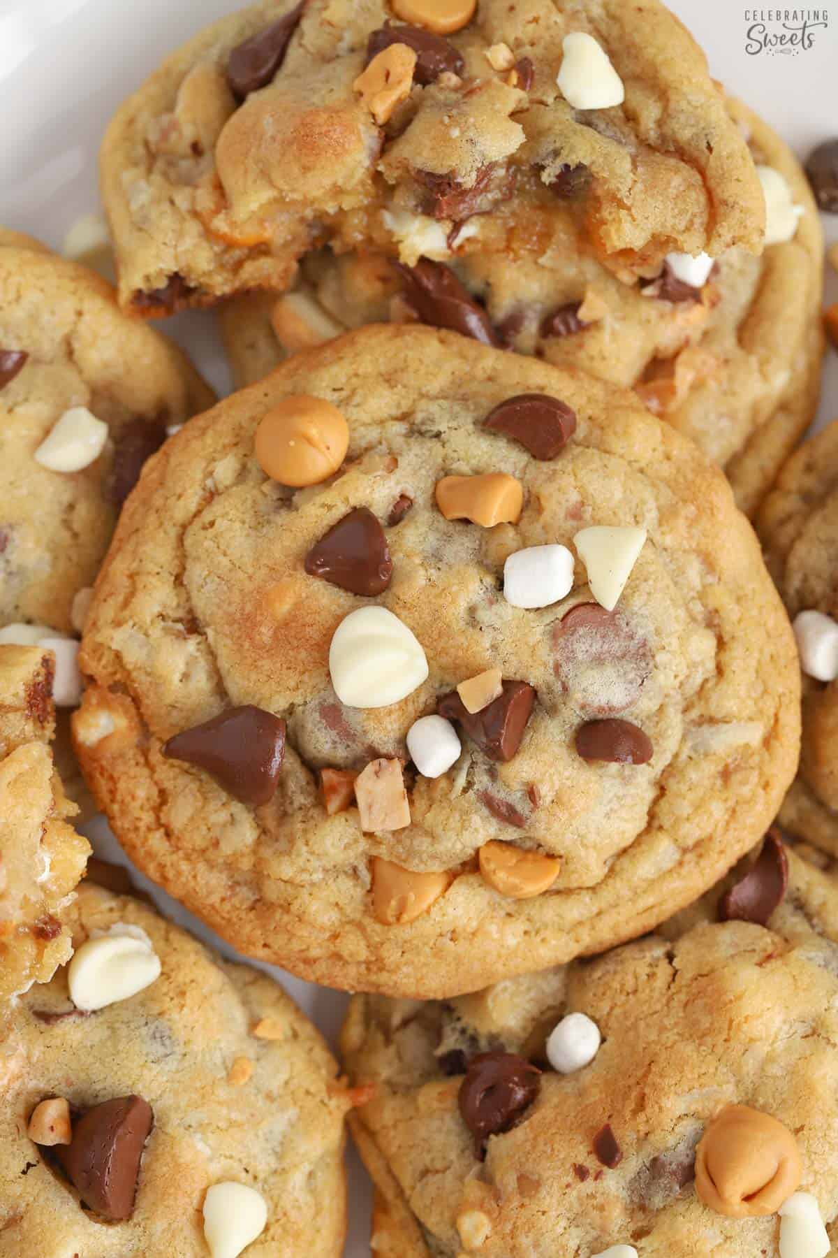 Cookies topped with white chocolate, butterscotch, and chocolate chips.