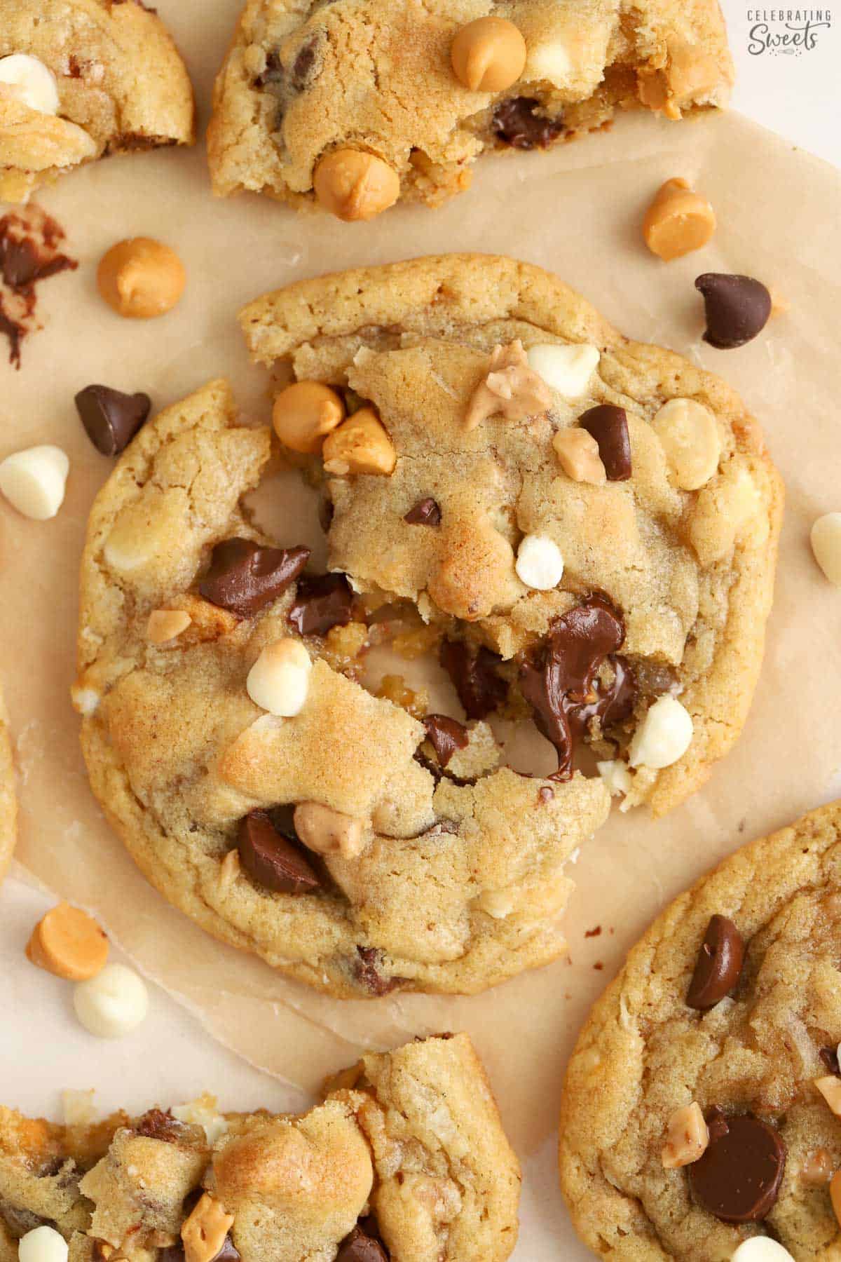 Cookies topped with white chocolate, butterscotch, and chocolate chips.