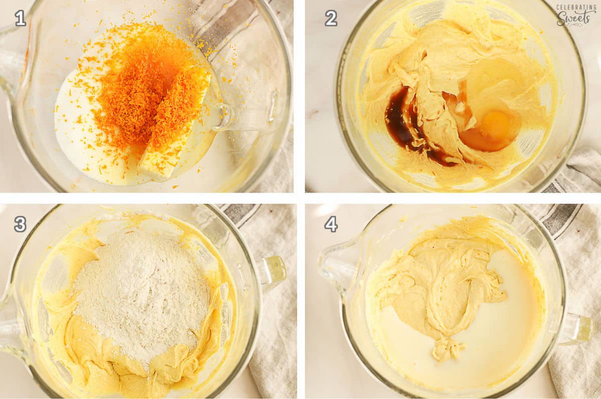 How to make an orange cake step by step (cake batter and ingredients in glass bowl).