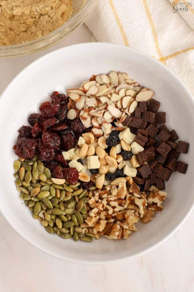 Trail mix in a white bowl.