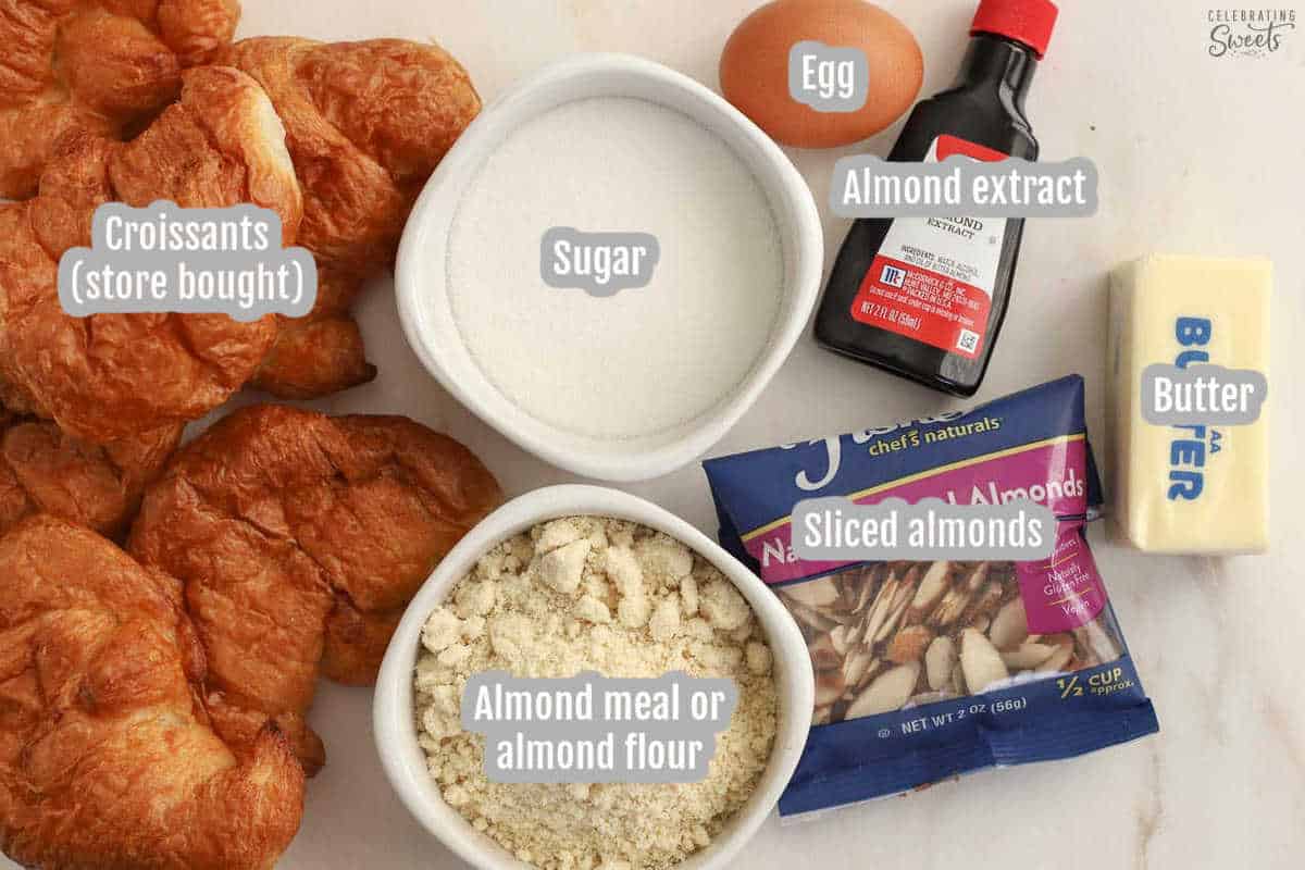 Ingredients for almond croissants: croissants, almond flour, almonds, extract, eggs, sugar, butter