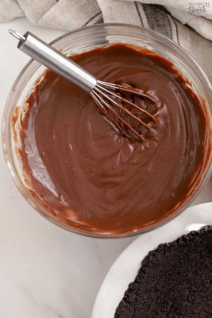 Chocolate pudding in a glass bowl.