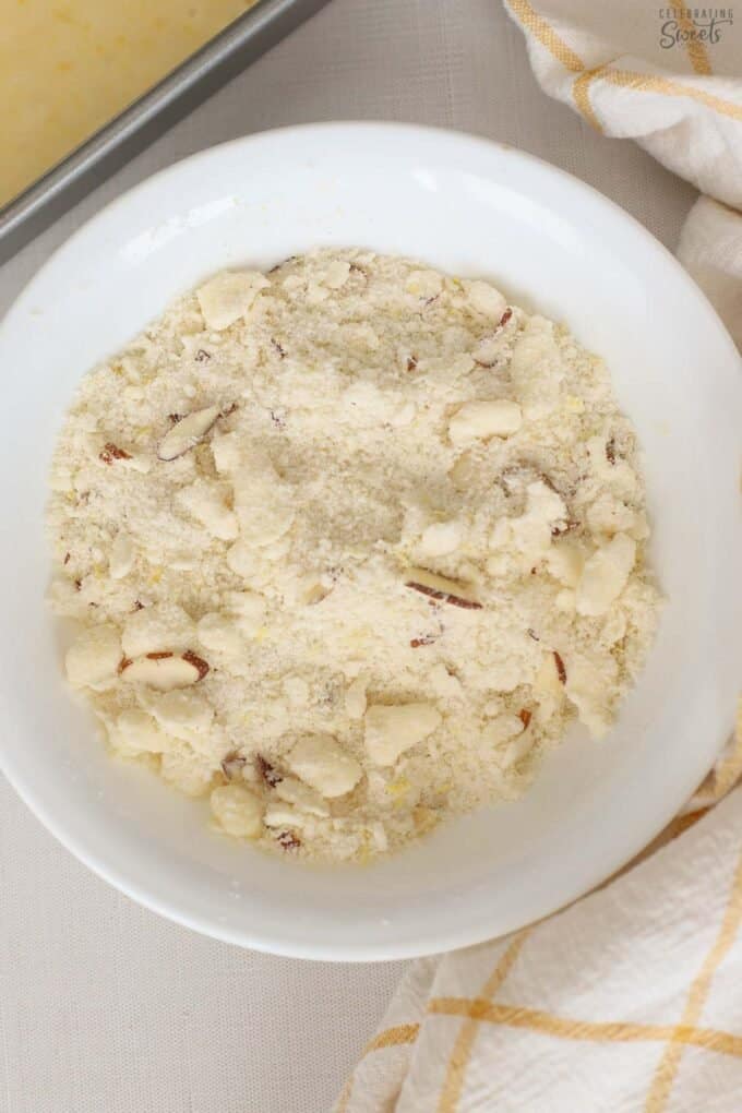 Crumb topping in a white bowl.