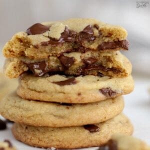 Closeup of chocolate chip cookies with melty chocolate chips.