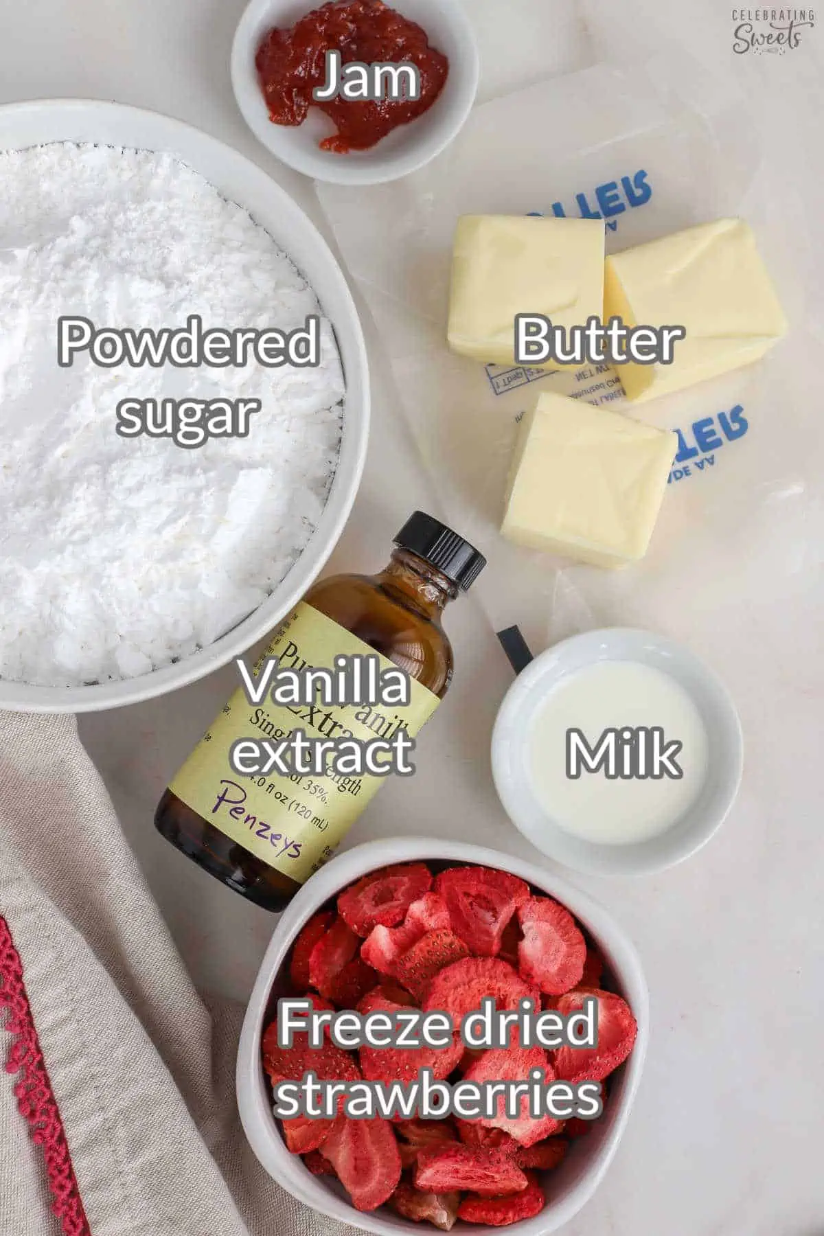 Strawberries, powdered sugar, vanilla, butter, jam.