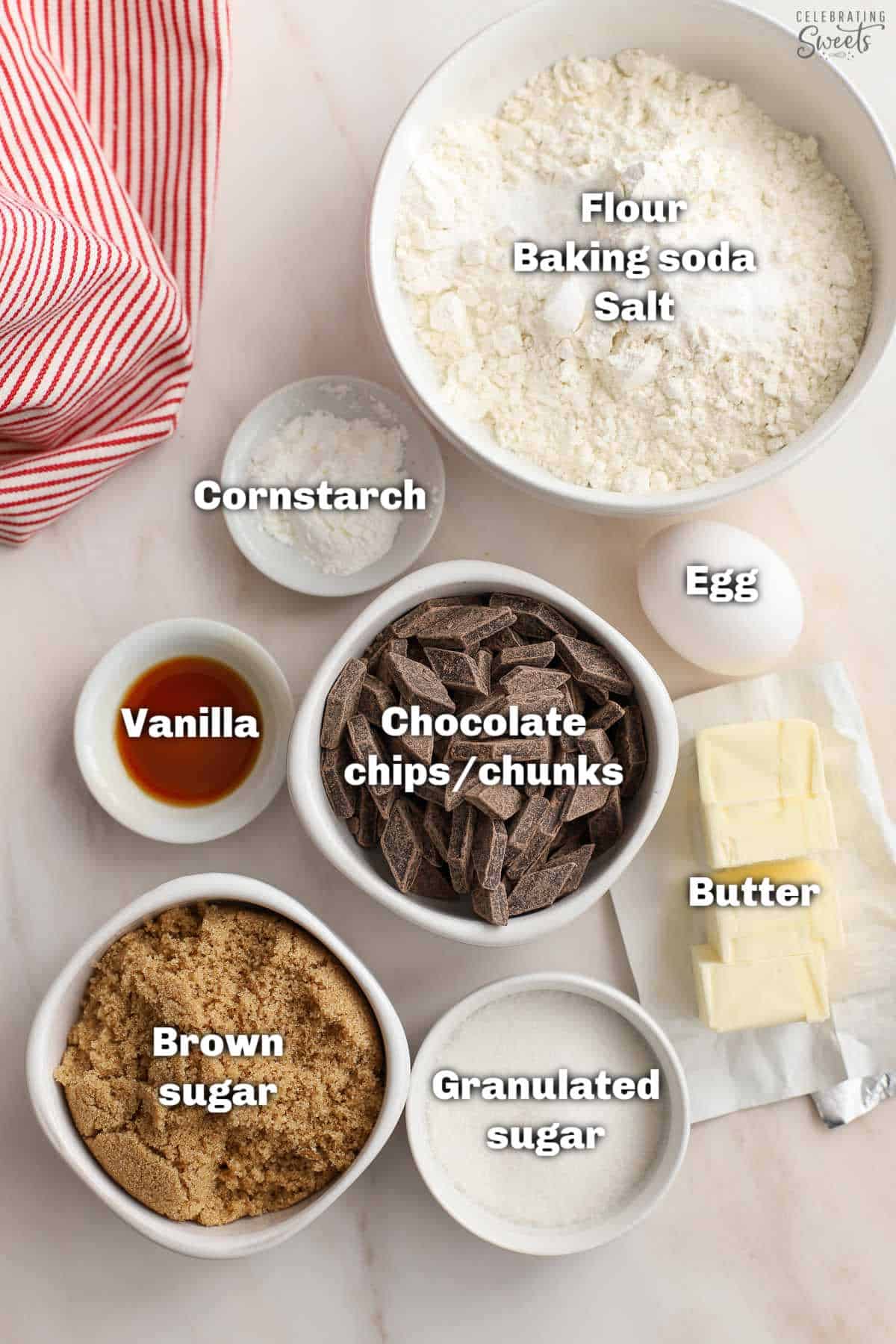 Ingredients for chocolate chip cookies: flour, baking soda, sugars, egg, butter, vanilla.
