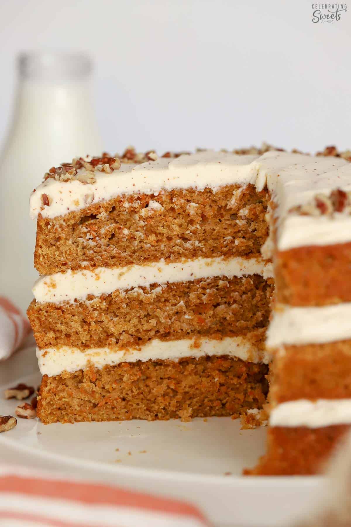 Closeup of a three layer carrot cake